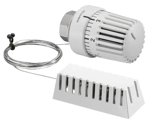 Oventrop-Thermostat mit Drehknopf für Temperaturregelung, Fernfühler und Befestigungsdraht, in Weiß, geeignet für Heizsysteme.